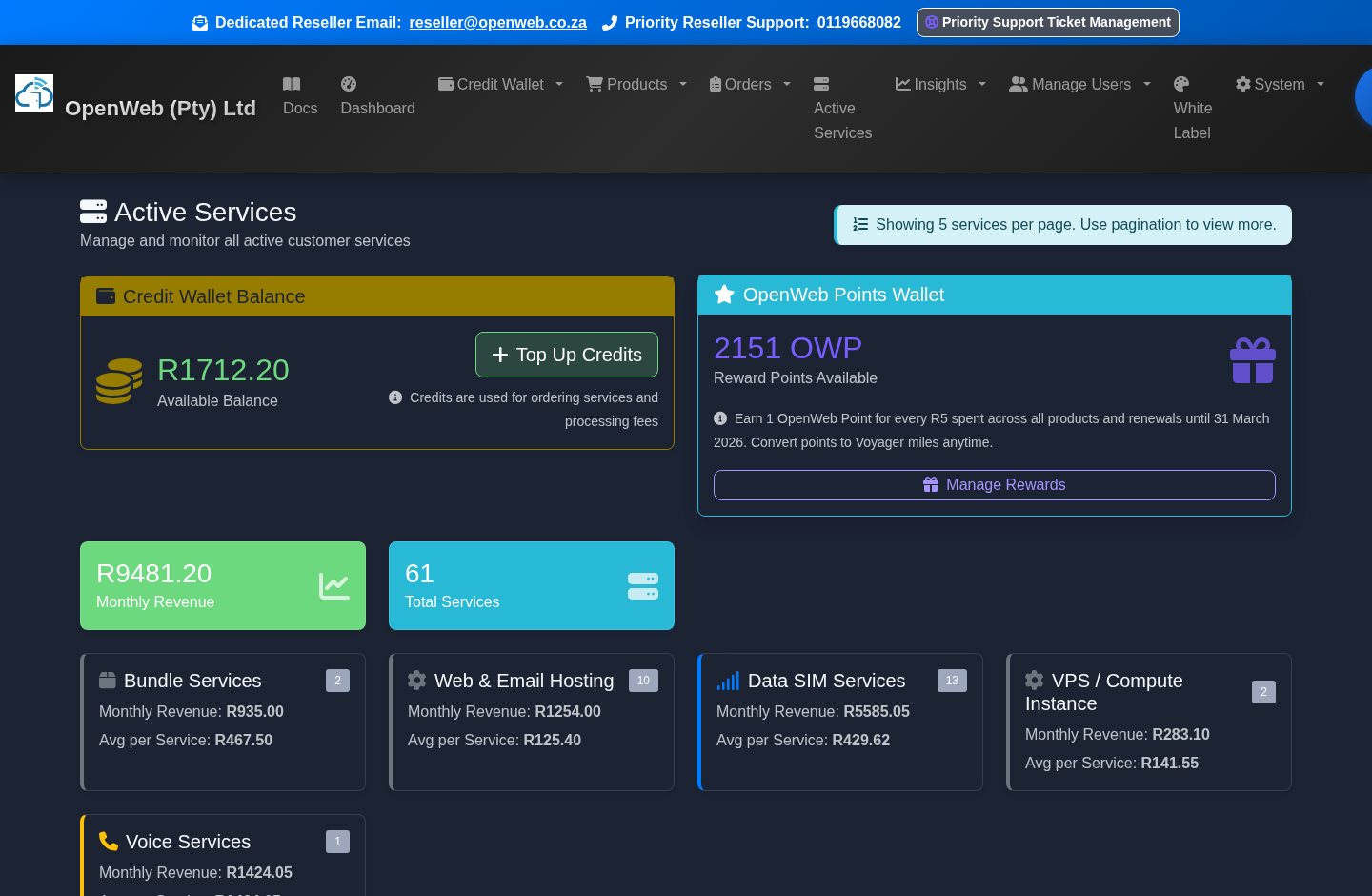 Live OpenWeb reseller panel screenshot: Active services management