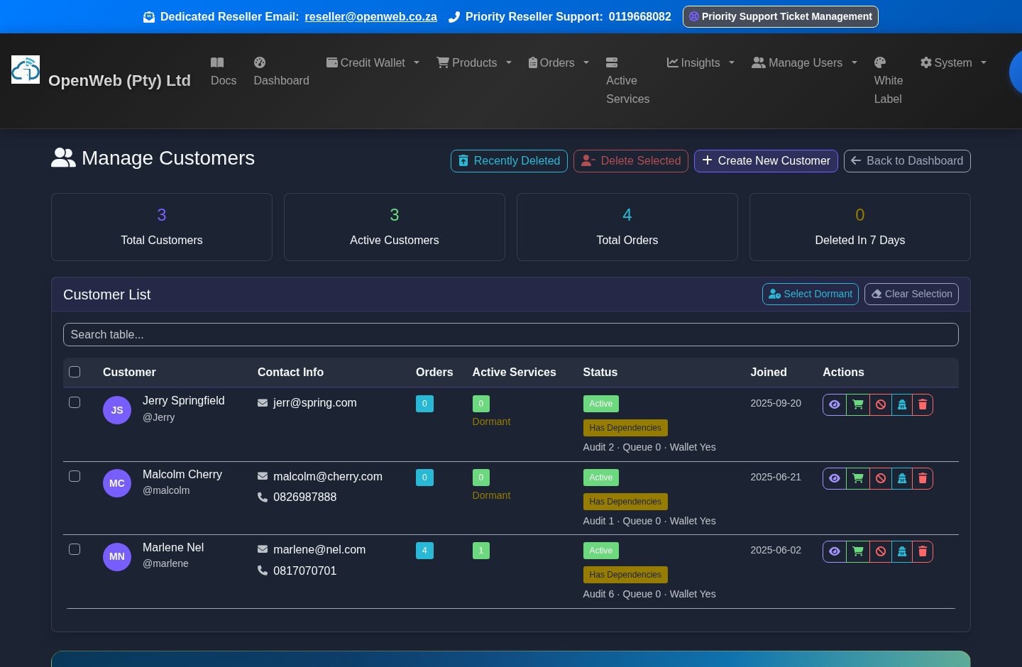 Live OpenWeb reseller panel screenshot: Customer management