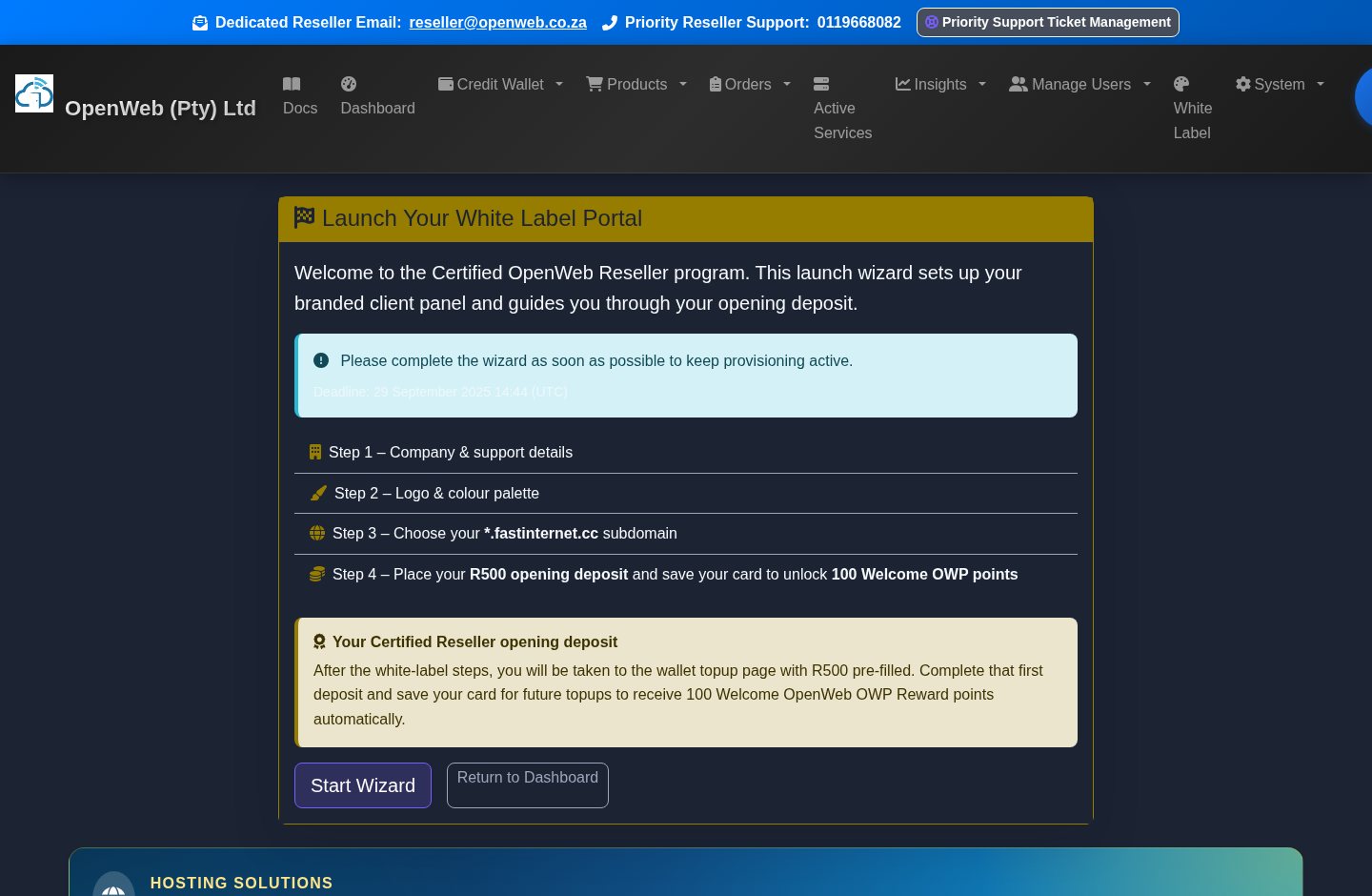 Live OpenWeb reseller panel screenshot: Whitelabel wizard